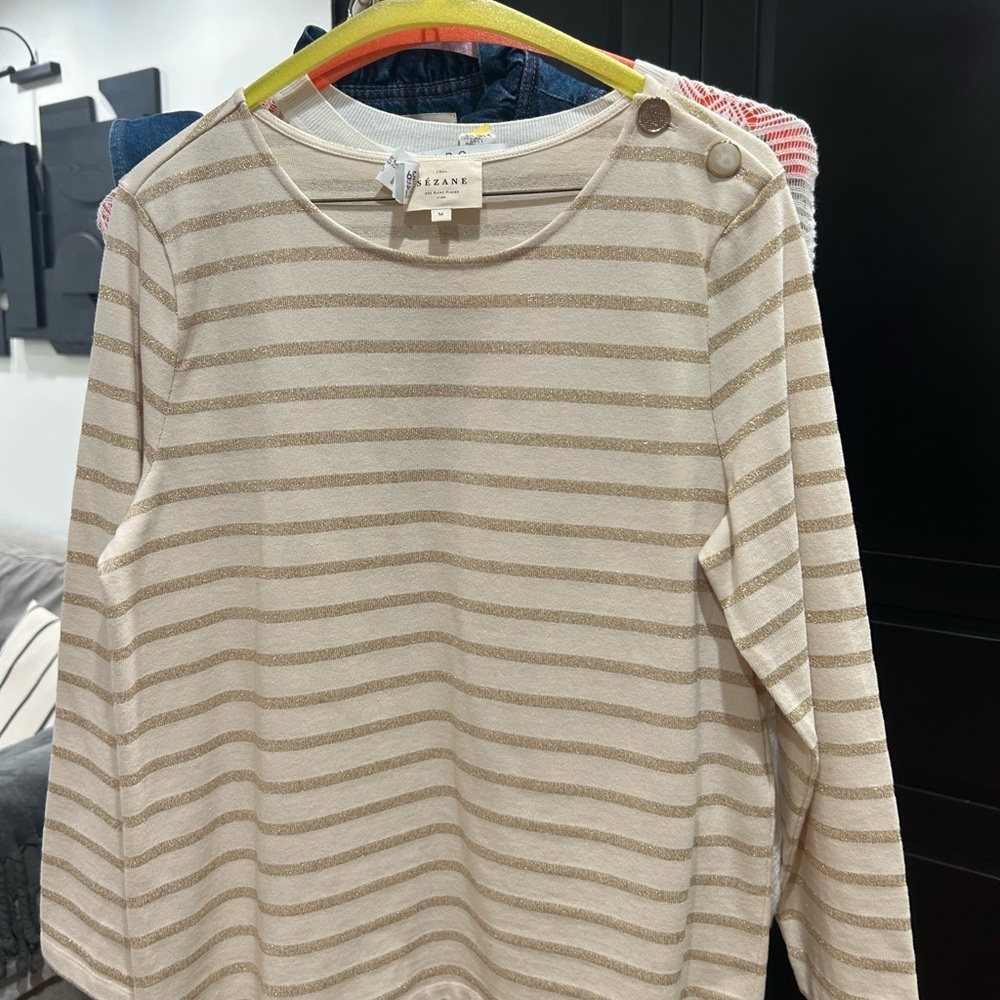 Sezane Beige and Gold Striped Sweater